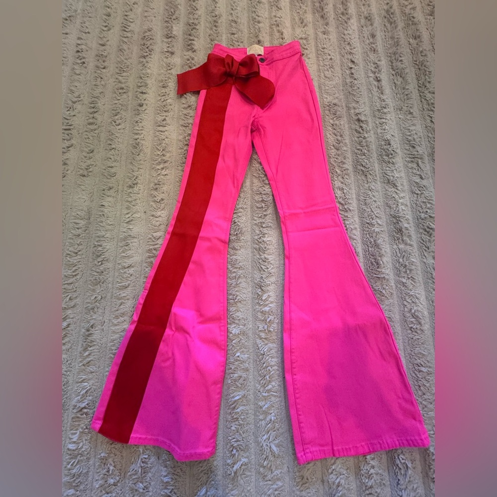 Judith March PINK BOW STRIPE FLARES with Red Bow - Picture 4 of 7